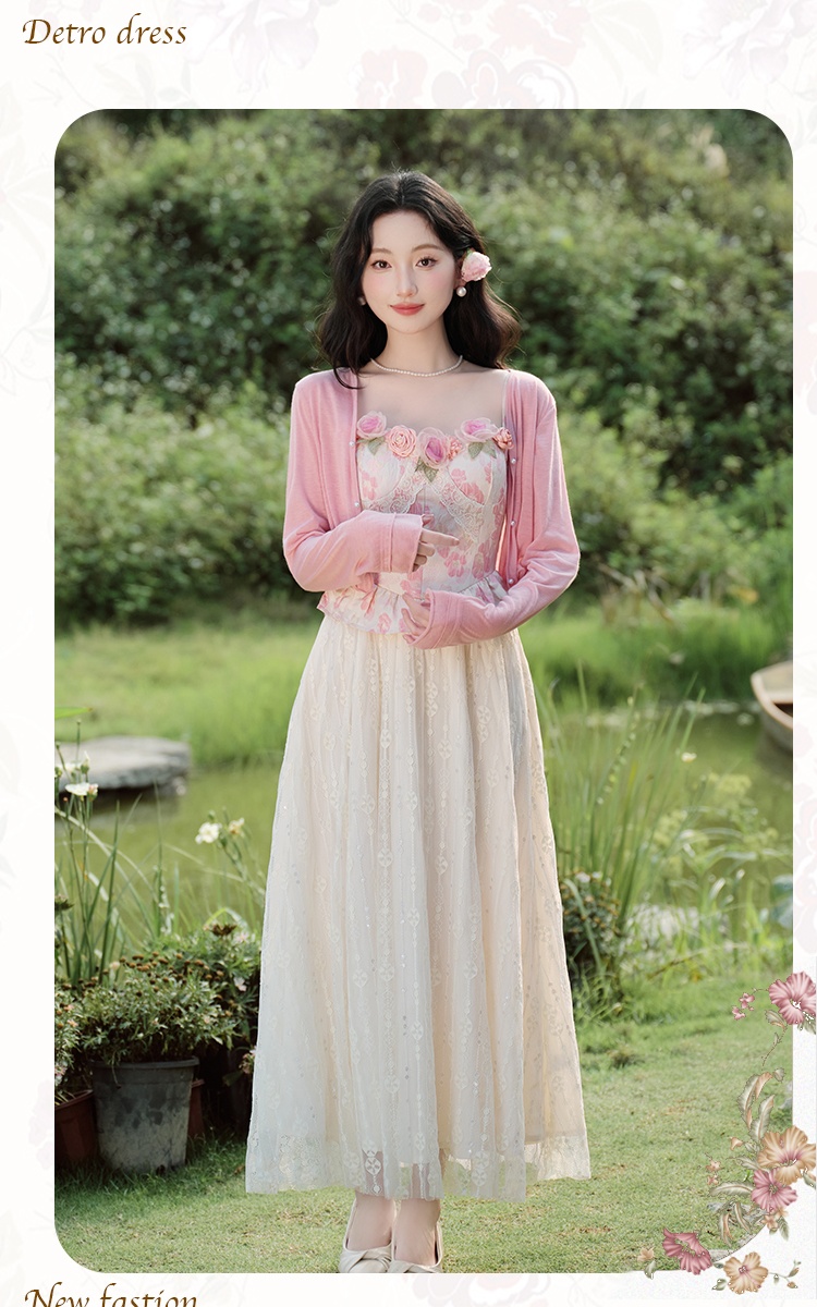 Pinched waist long dress lace tops 2pcs set