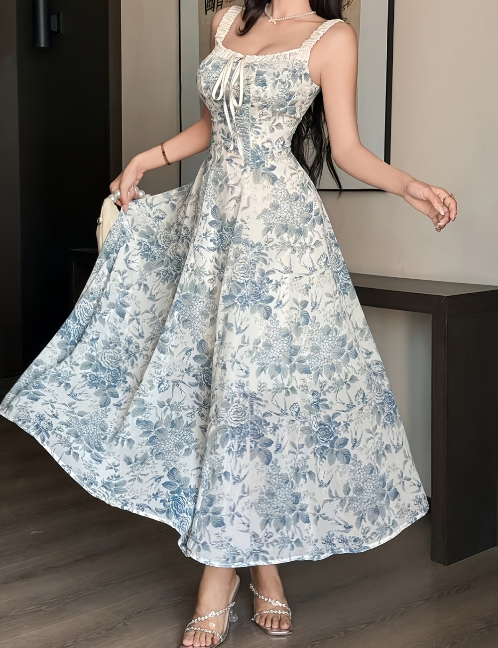 Summer long France style pinched waist elegant dress for women