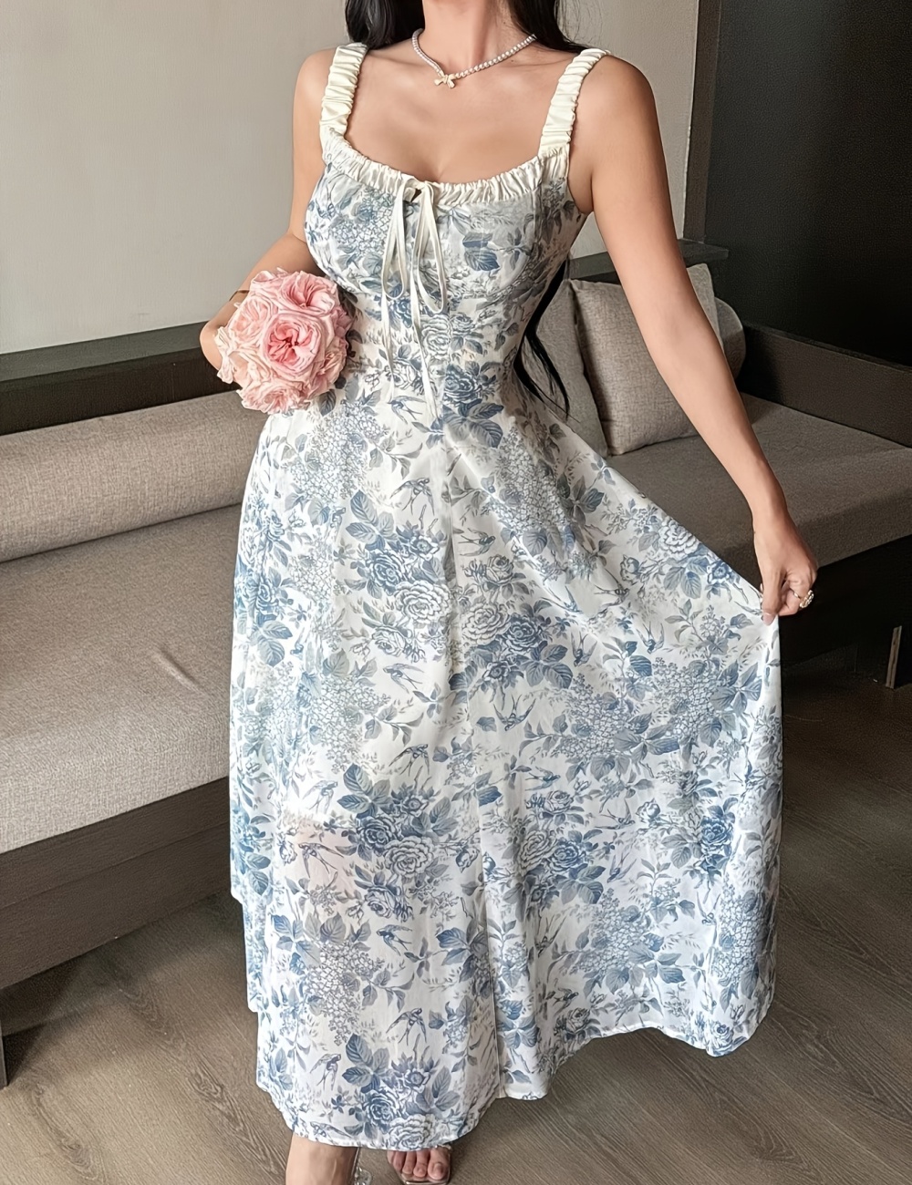 Summer long France style pinched waist elegant dress for women