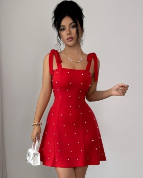 Elegant pearl decoration fashion pure A-line short dress