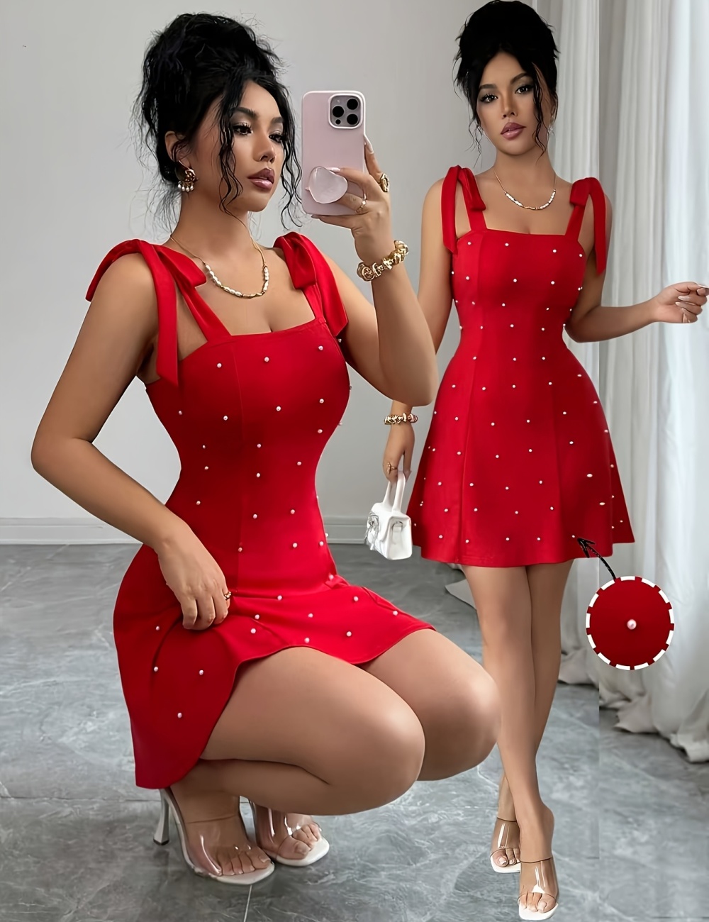 Elegant pearl decoration fashion pure A-line short dress