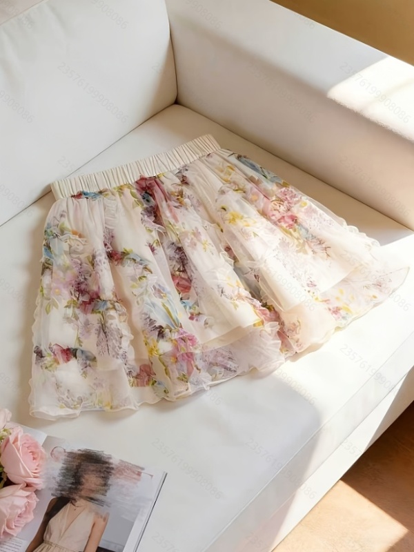 Elegant A-line double vacation printing skirt for women