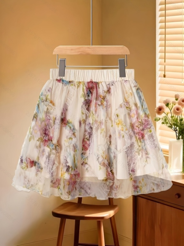 Elegant A-line double vacation printing skirt for women