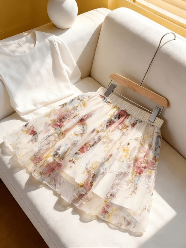 Elegant A-line double vacation printing skirt for women