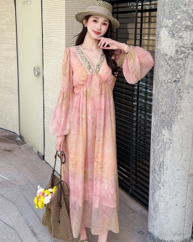 Printing chiffon long spring and summer slim vacation V-neck dress