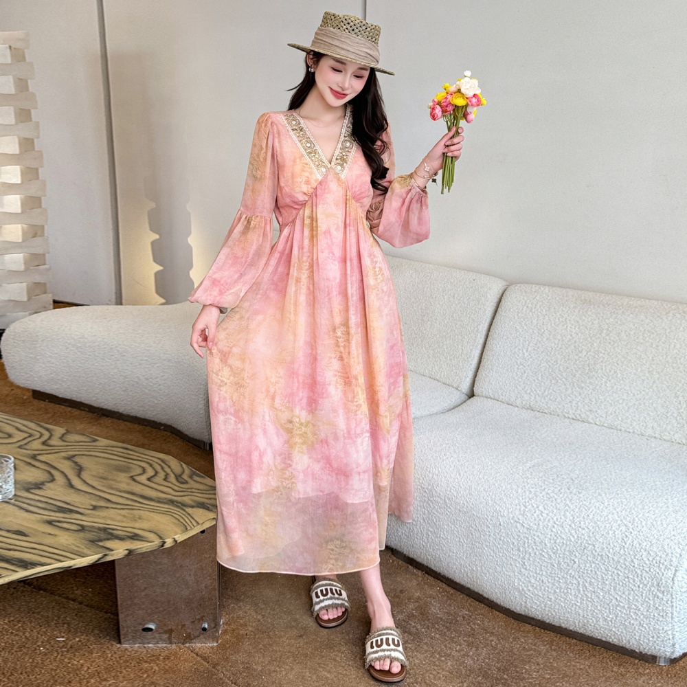 Printing chiffon long spring and summer slim vacation V-neck dress
