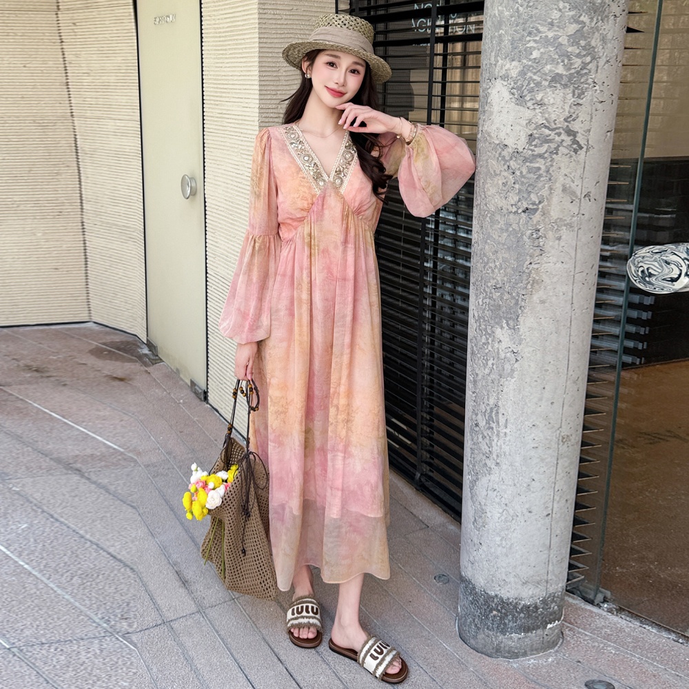 Printing chiffon long spring and summer slim vacation V-neck dress