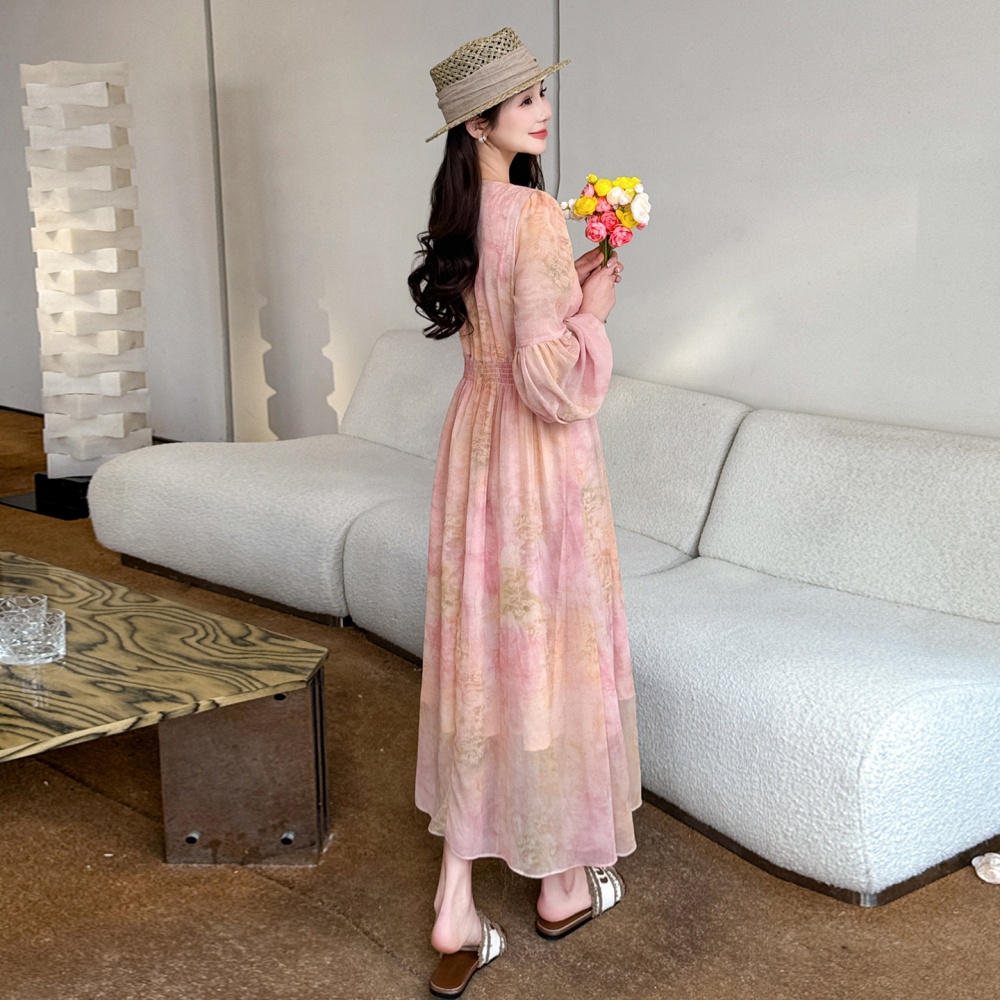 Printing chiffon long spring and summer slim vacation V-neck dress