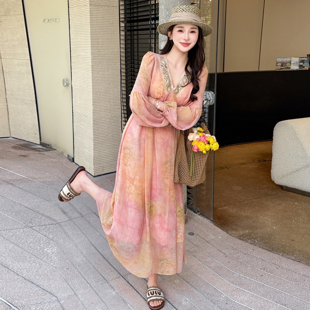 Printing chiffon long spring and summer slim vacation V-neck dress