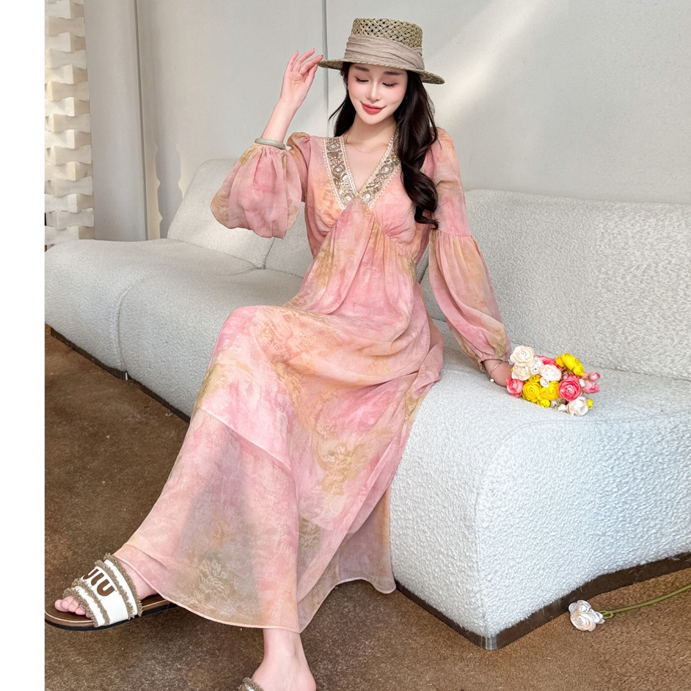 Printing chiffon long spring and summer slim vacation V-neck dress