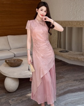 Pink splice sweet dress summer Pseudo-two cheongsam