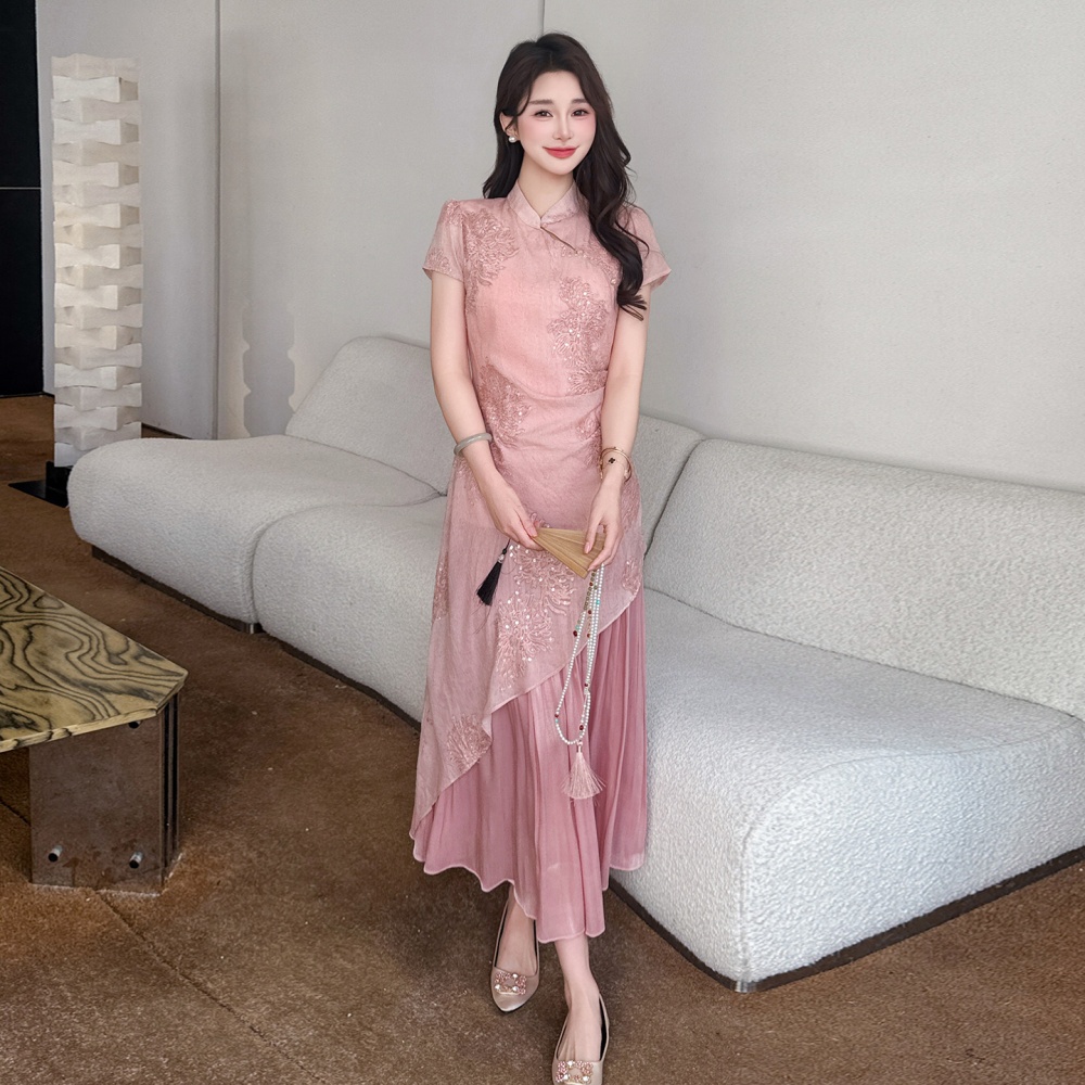 Pink splice sweet dress summer Pseudo-two cheongsam