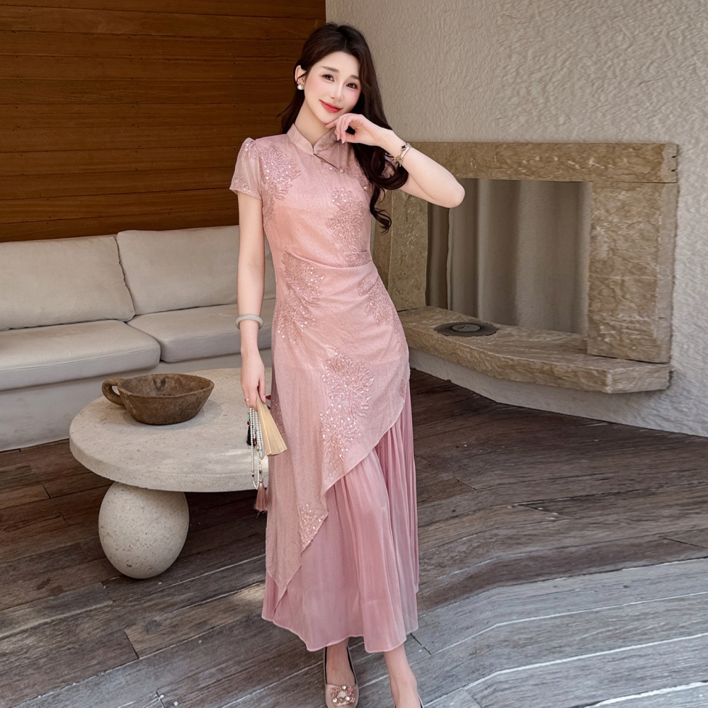 Pink splice sweet dress summer Pseudo-two cheongsam