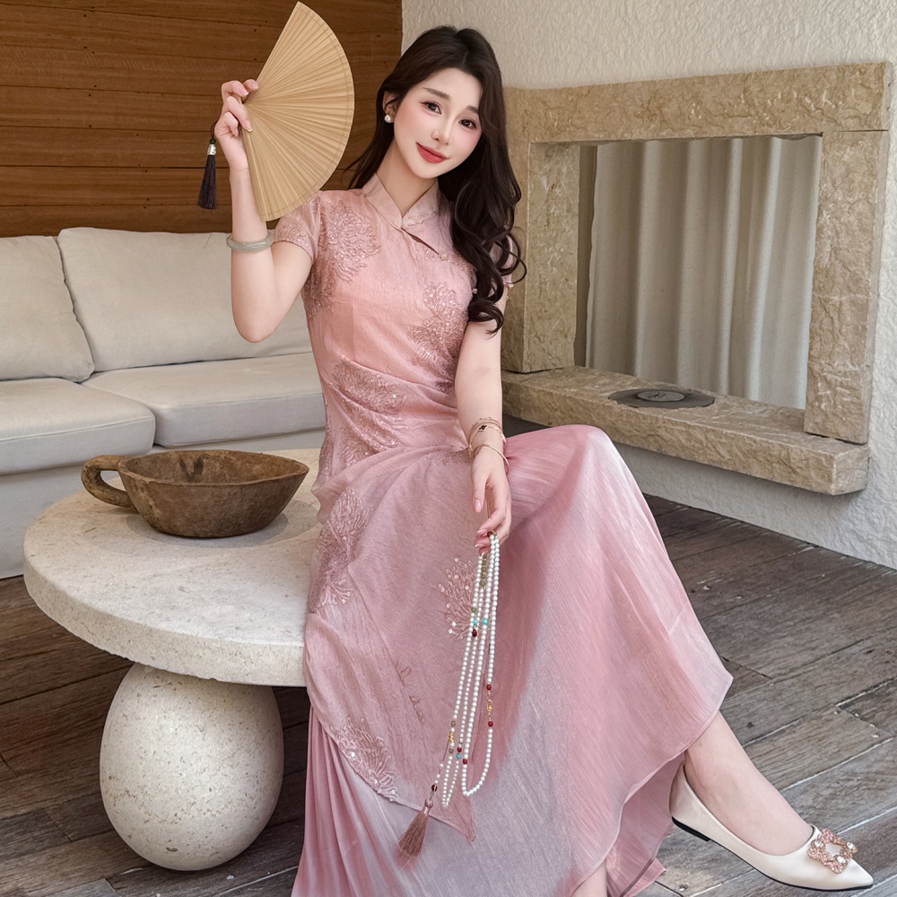 Pink splice sweet dress summer Pseudo-two cheongsam