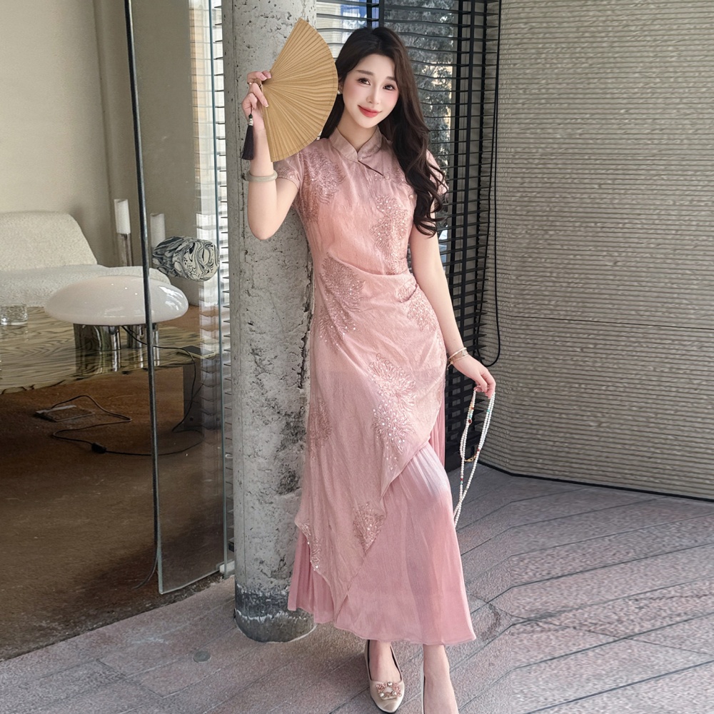 Pink splice sweet dress summer Pseudo-two cheongsam