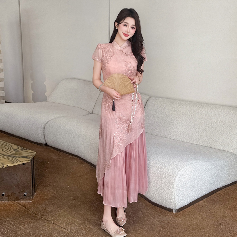 Pink splice sweet dress summer Pseudo-two cheongsam