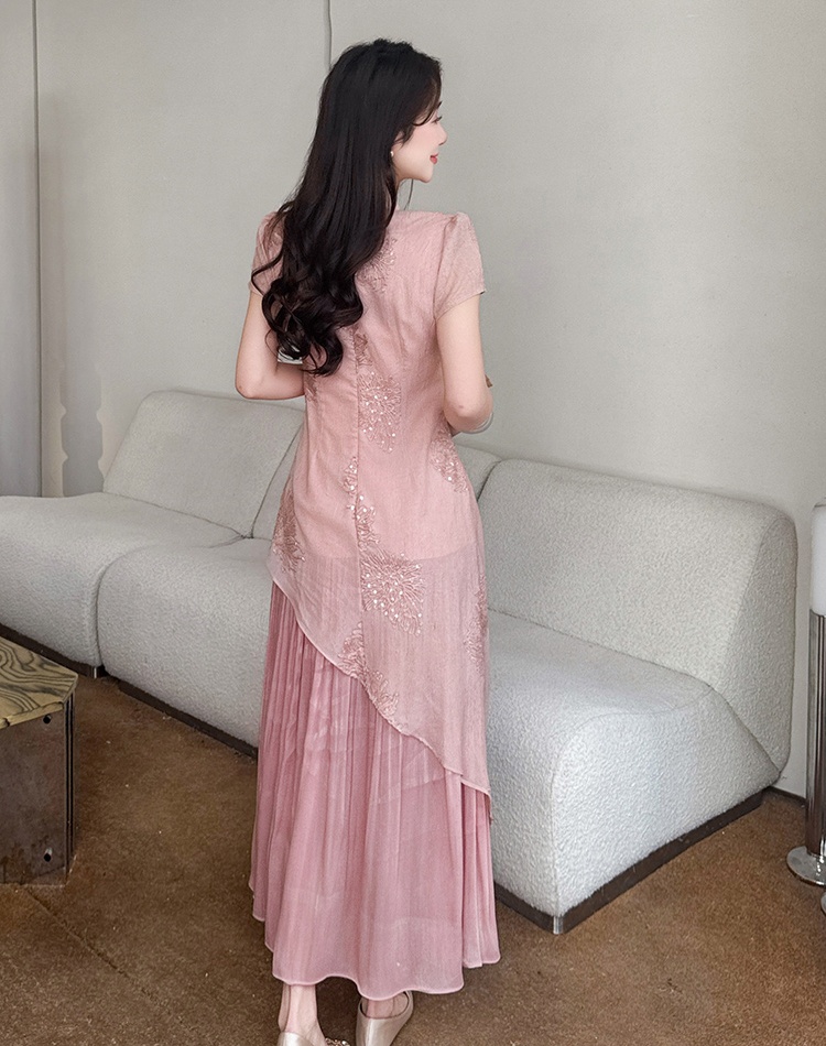 Pink splice sweet dress summer Pseudo-two cheongsam