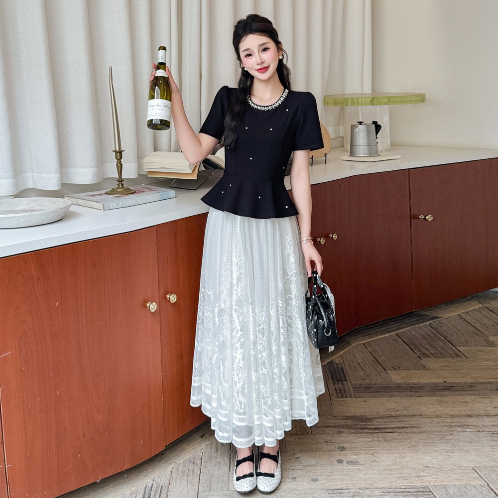 France style summer tops beading long skirt 2pcs set