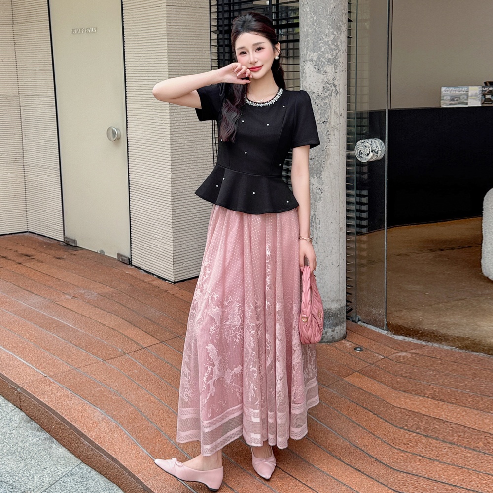 France style summer tops beading long skirt 2pcs set