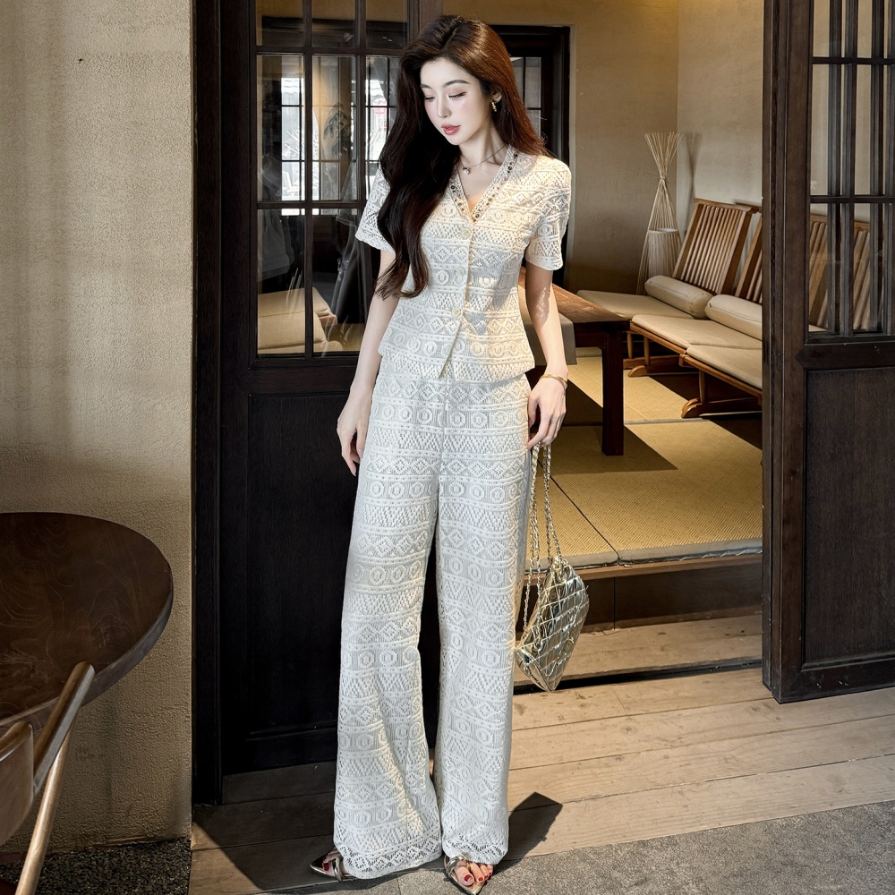 Summer V-neck long France style lace splice tops 2pcs set