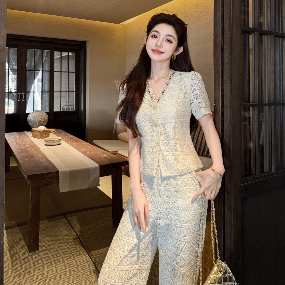 Summer V-neck long France style lace splice tops 2pcs set