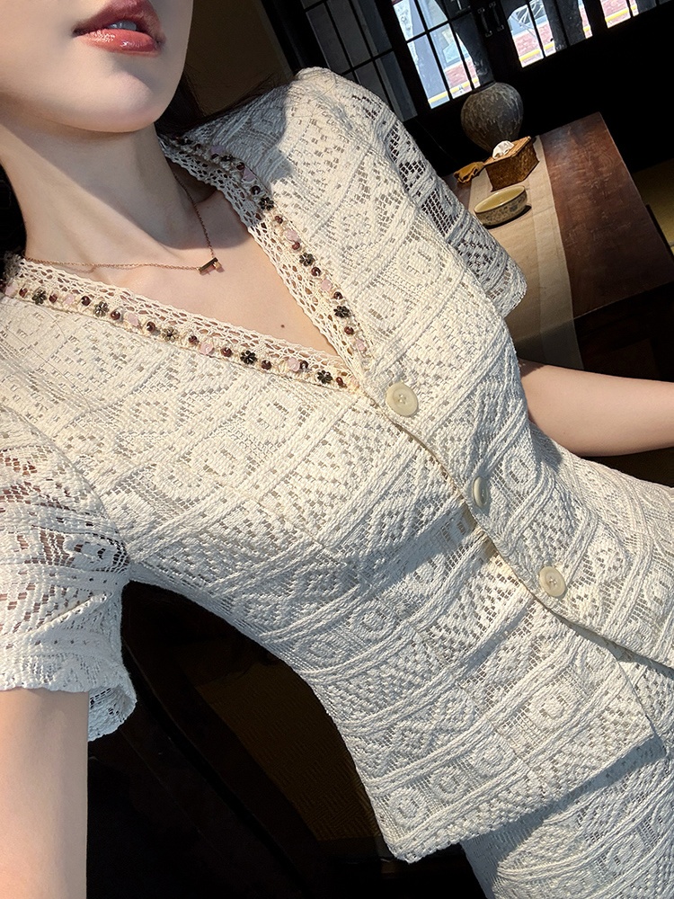 Summer V-neck long France style lace splice tops 2pcs set