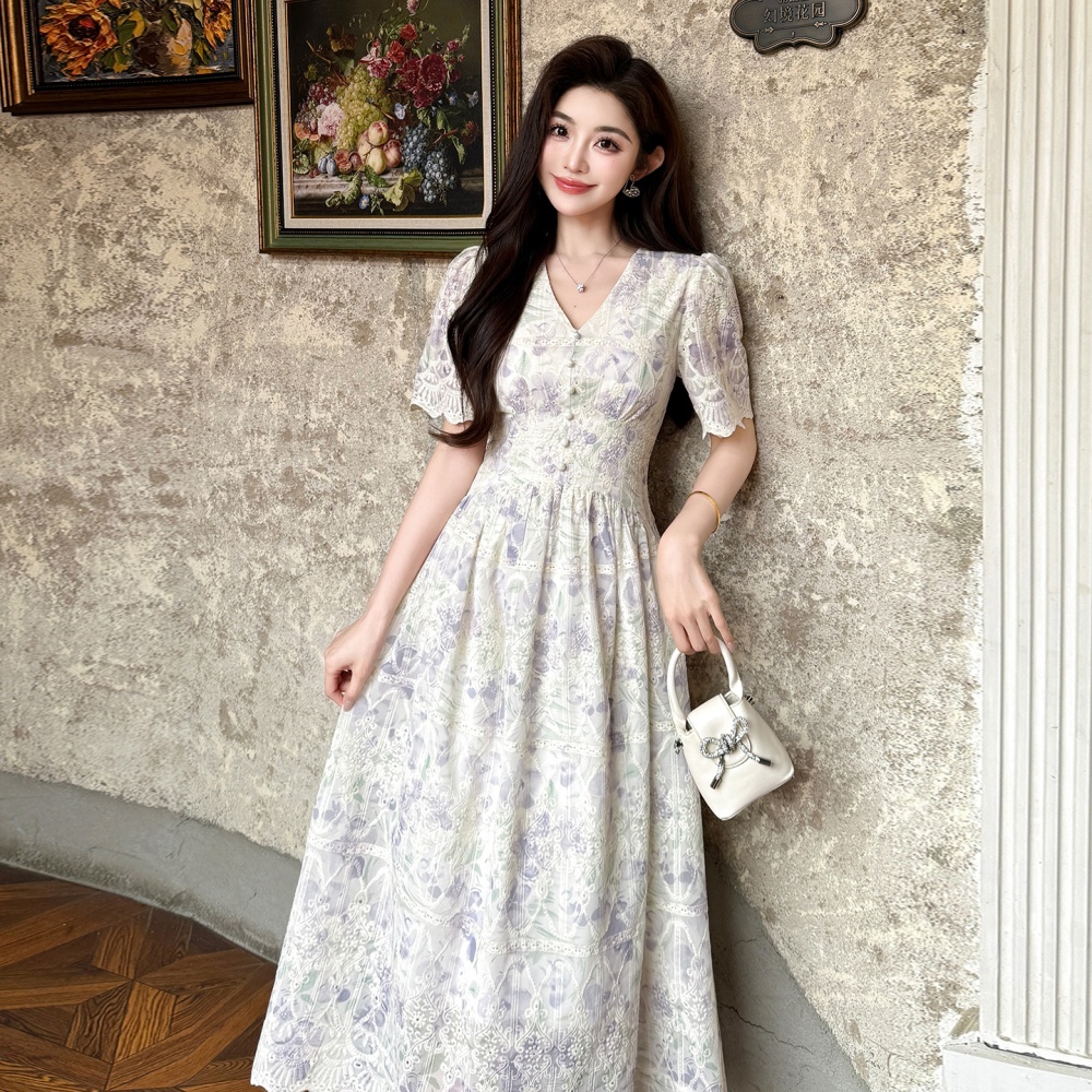 Embroidery chiffon retro slim temperament dress
