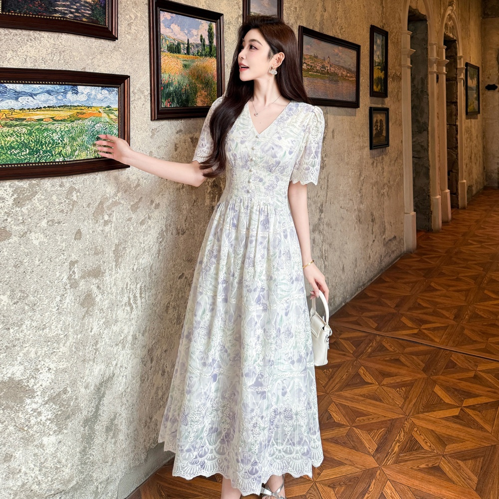 Embroidery chiffon retro slim temperament dress