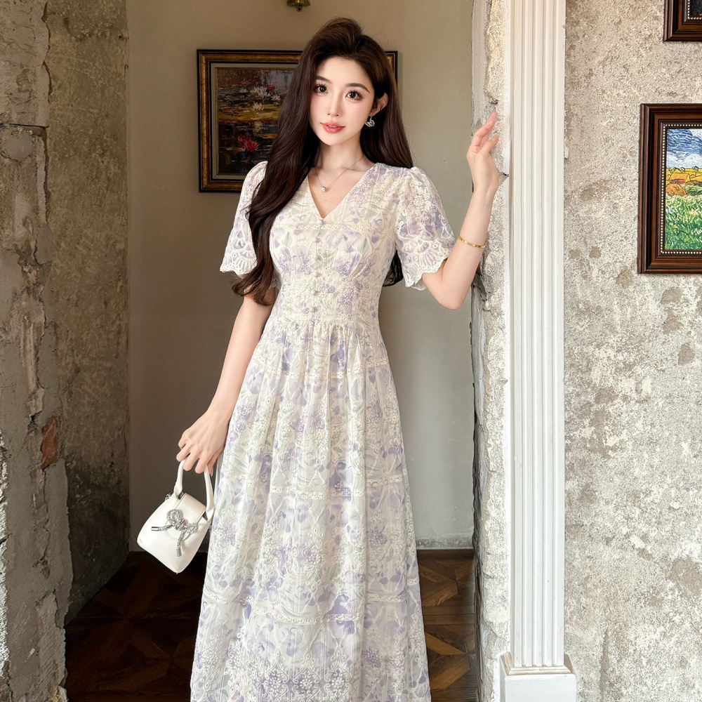 Embroidery chiffon retro slim temperament dress