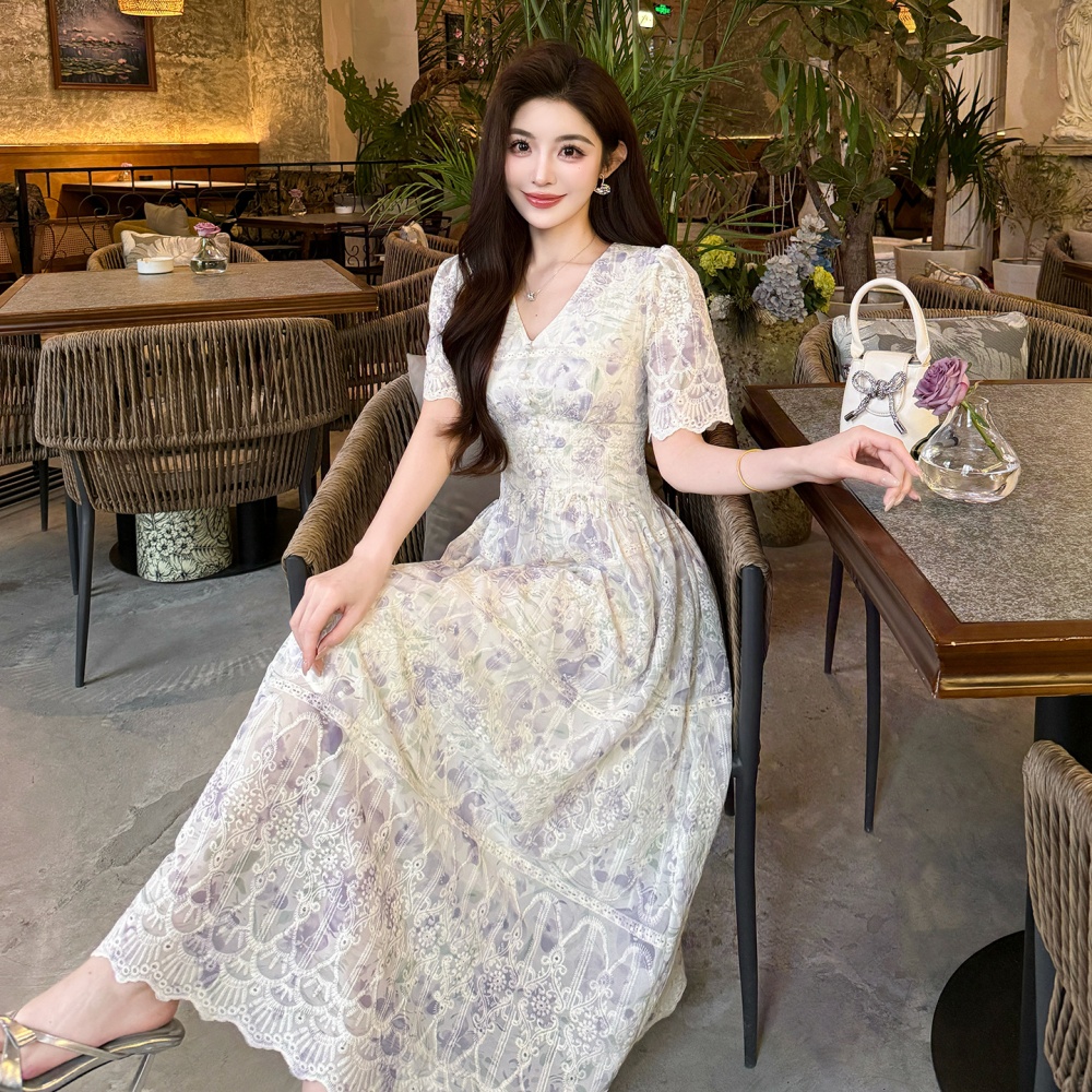 Embroidery chiffon retro slim temperament dress