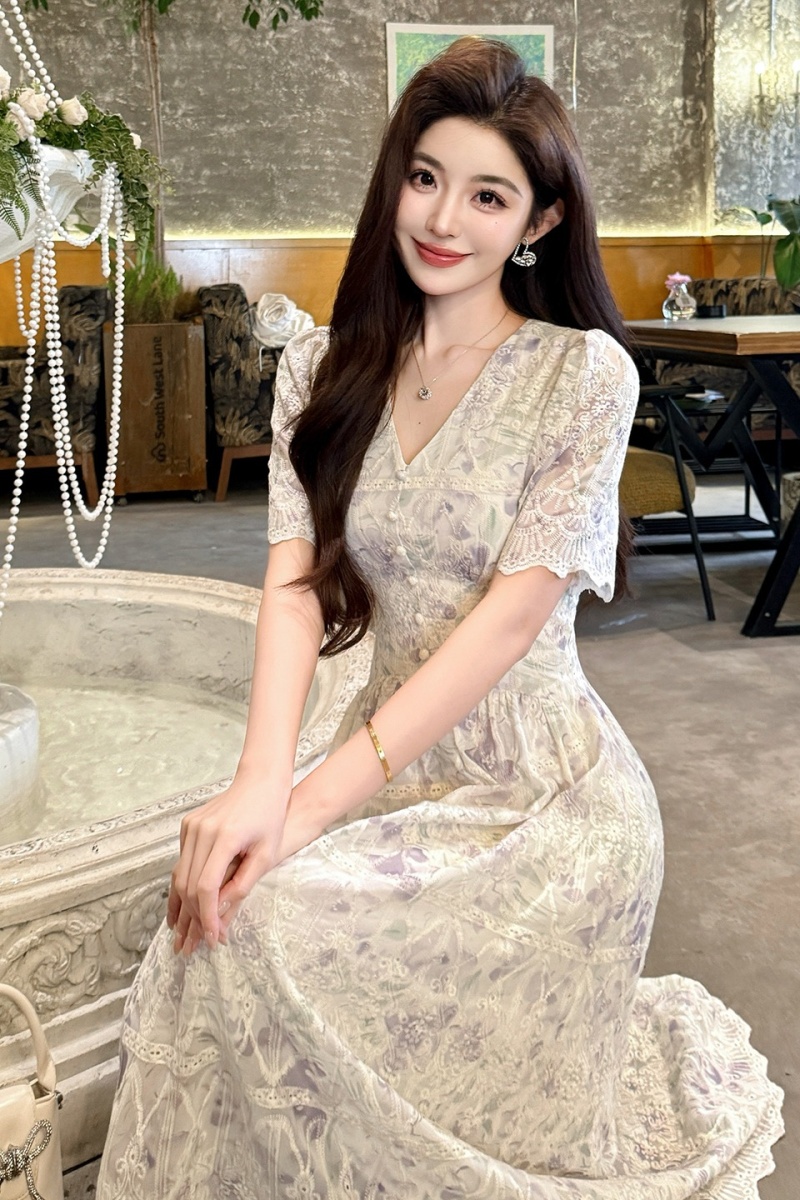 Embroidery chiffon retro slim temperament dress
