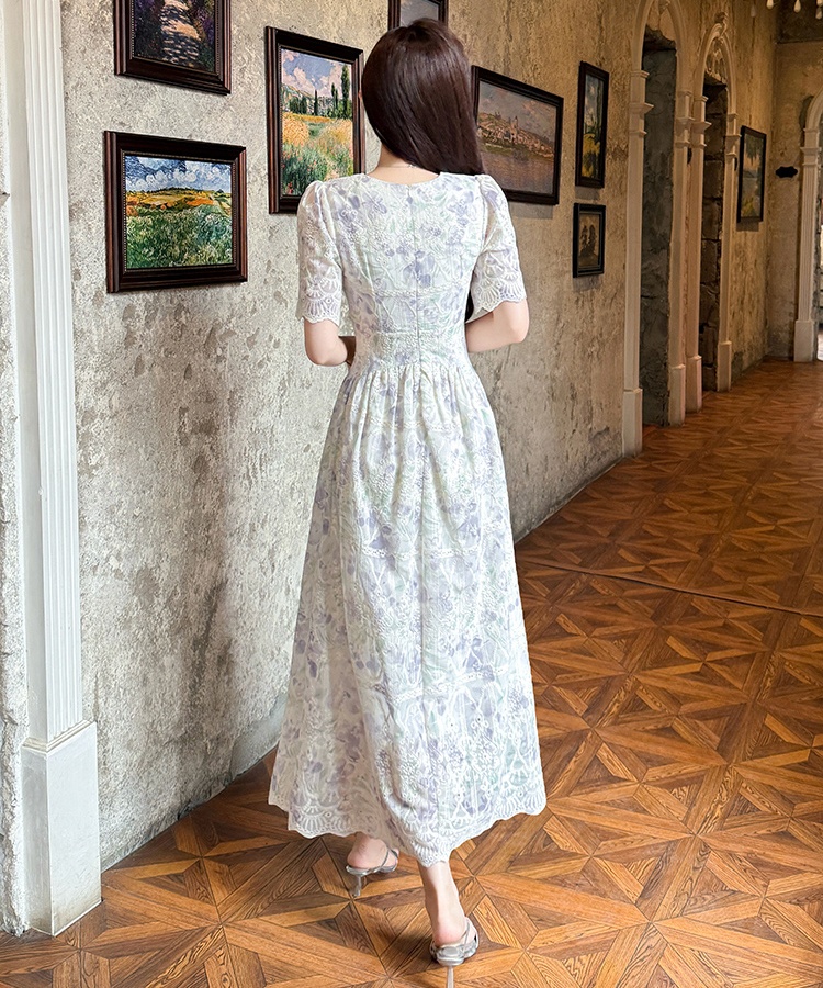 Embroidery chiffon retro slim temperament dress