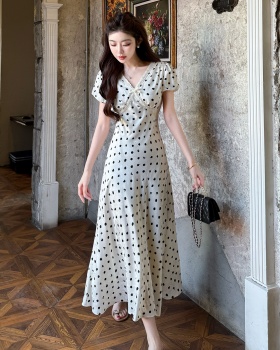 Summer V-neck frenum long tender splice polka dot dress
