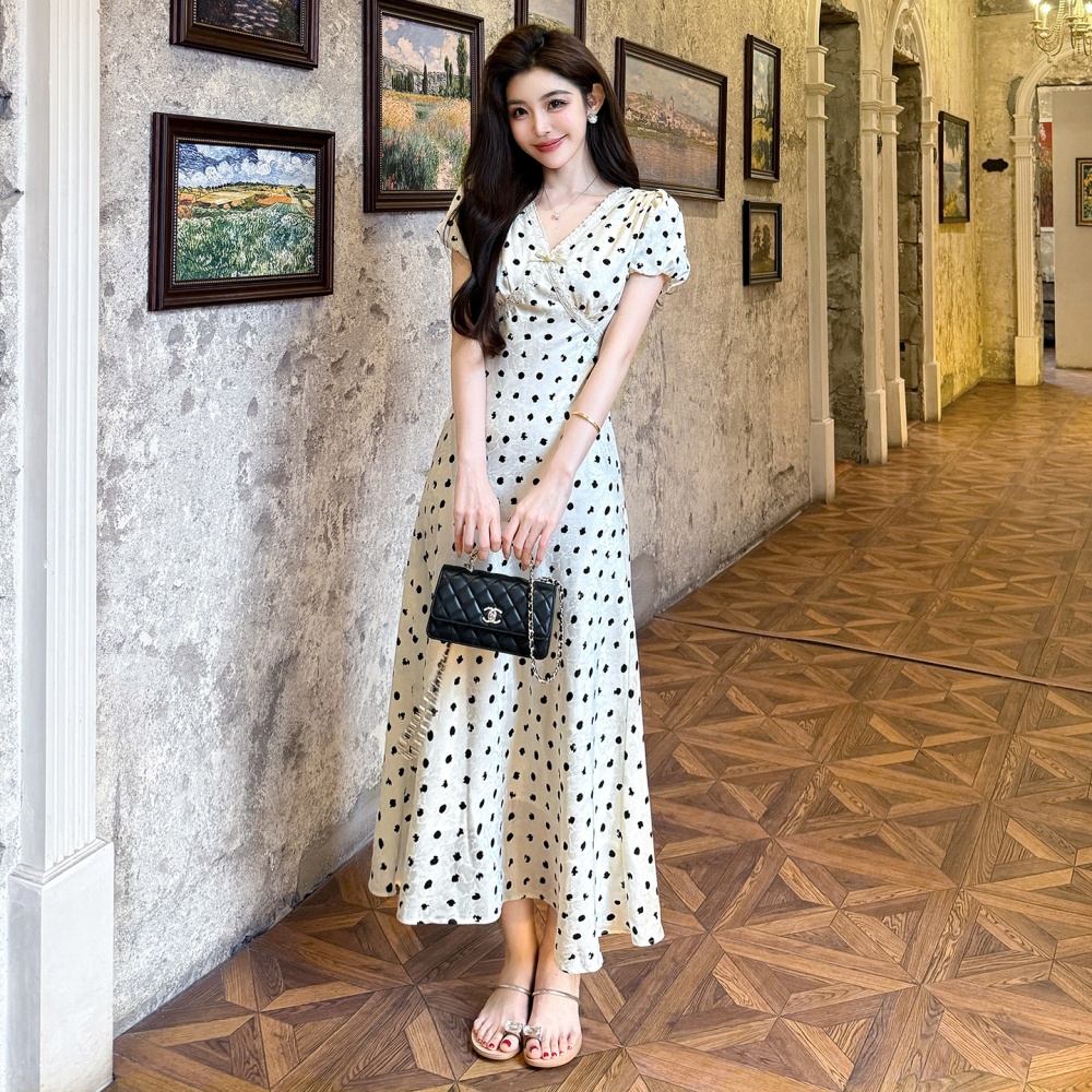 Summer V-neck frenum long tender splice polka dot dress