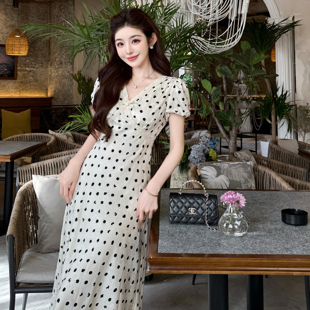 Summer V-neck frenum long tender splice polka dot dress