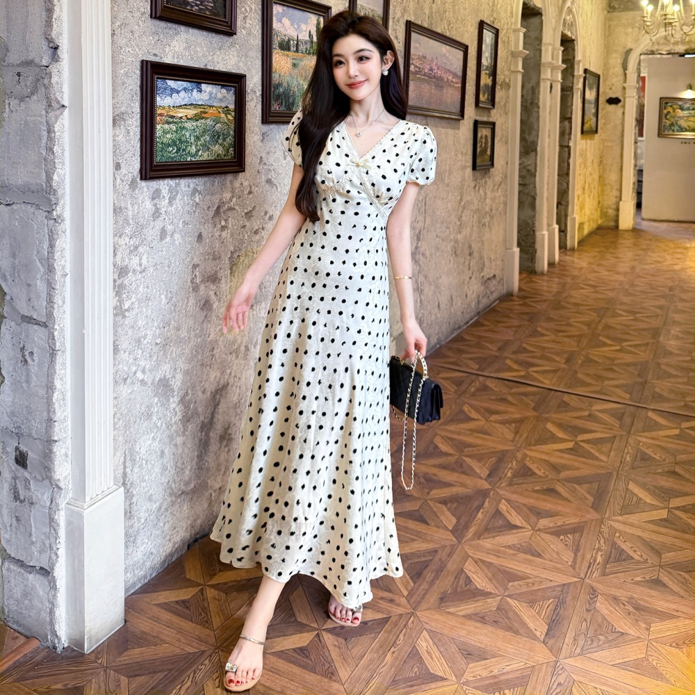 Summer V-neck frenum long tender splice polka dot dress