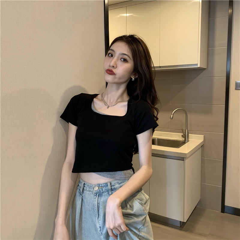 Slim Pseudo-two tops short sleeve T-shirt for women