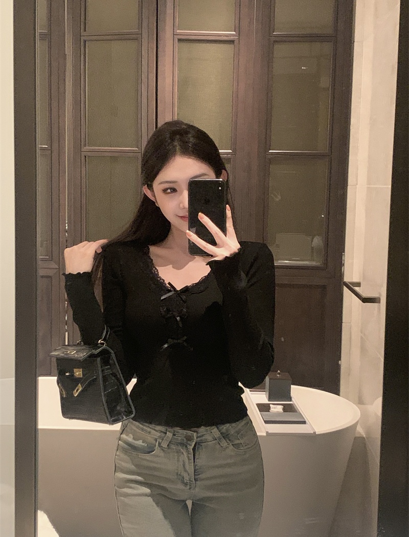 Bottoming lace pinched waist slim all-match knitted tops