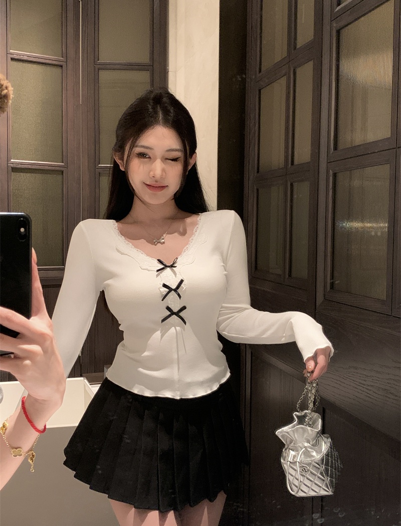 Bottoming lace pinched waist slim all-match knitted tops