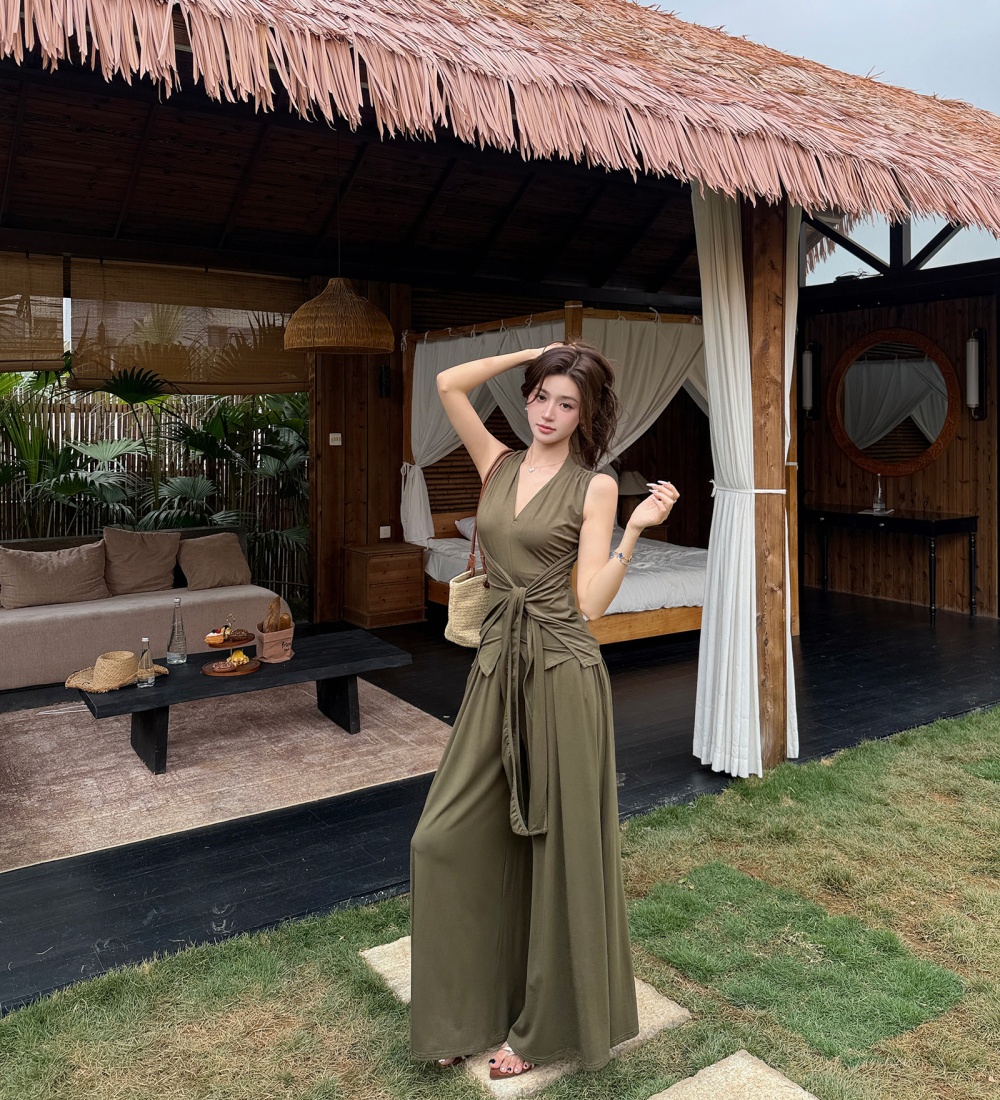 Temperament long pants wide leg pants 2pcs set