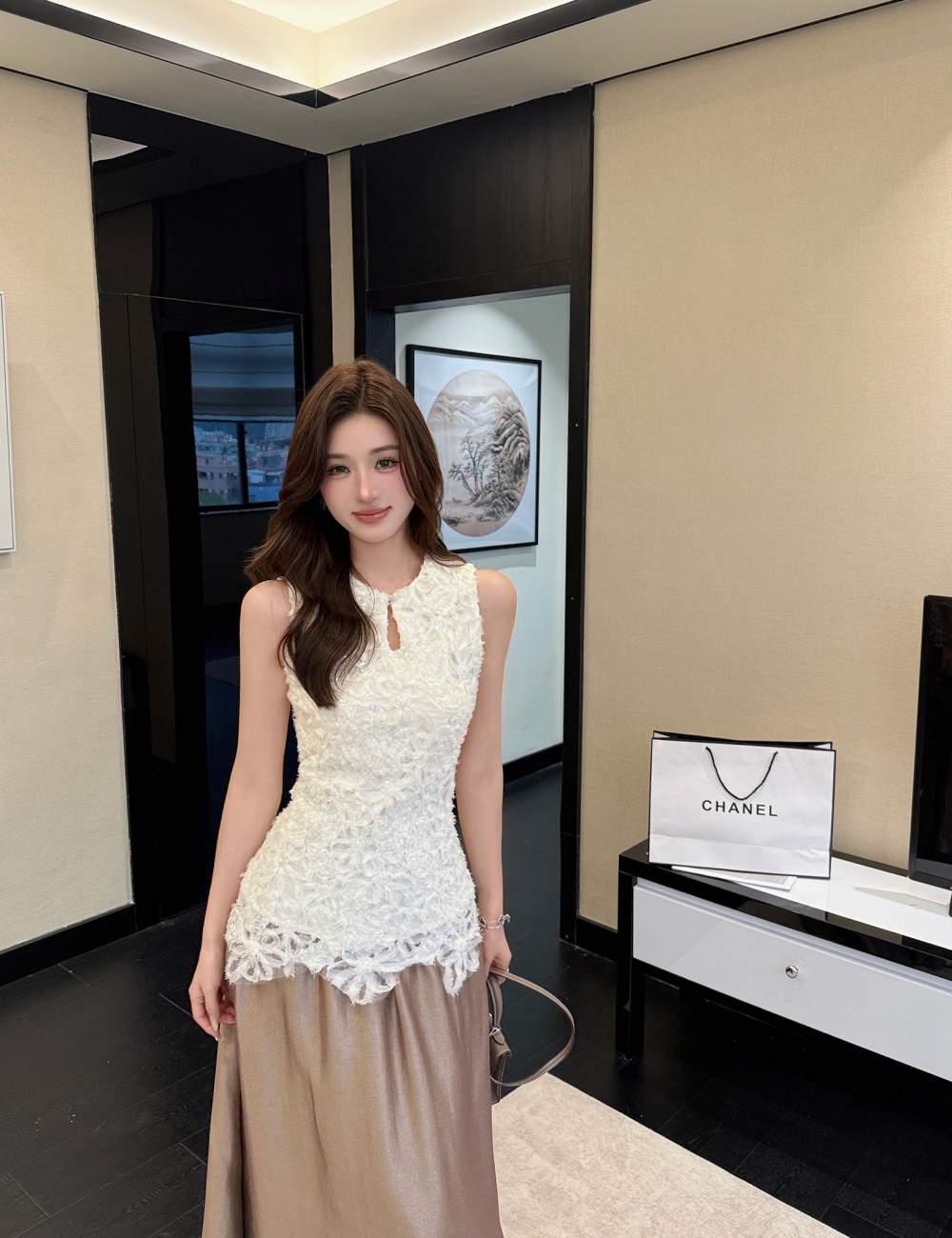 Wears outside France style vest pinched waist lace tops