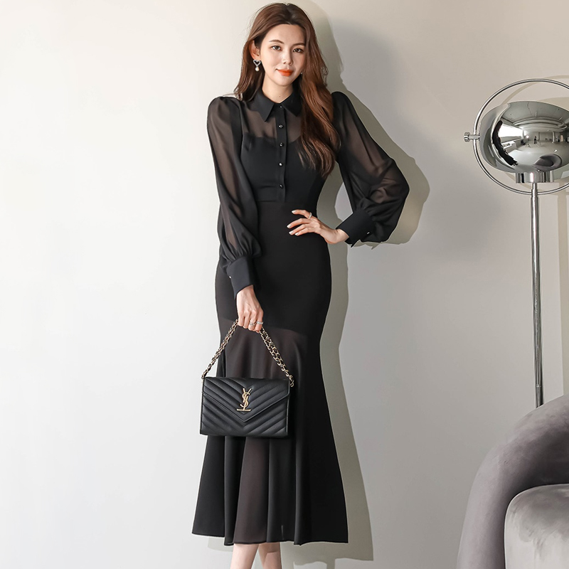 Temperament elegant spring sexy fashion splice slim long dress