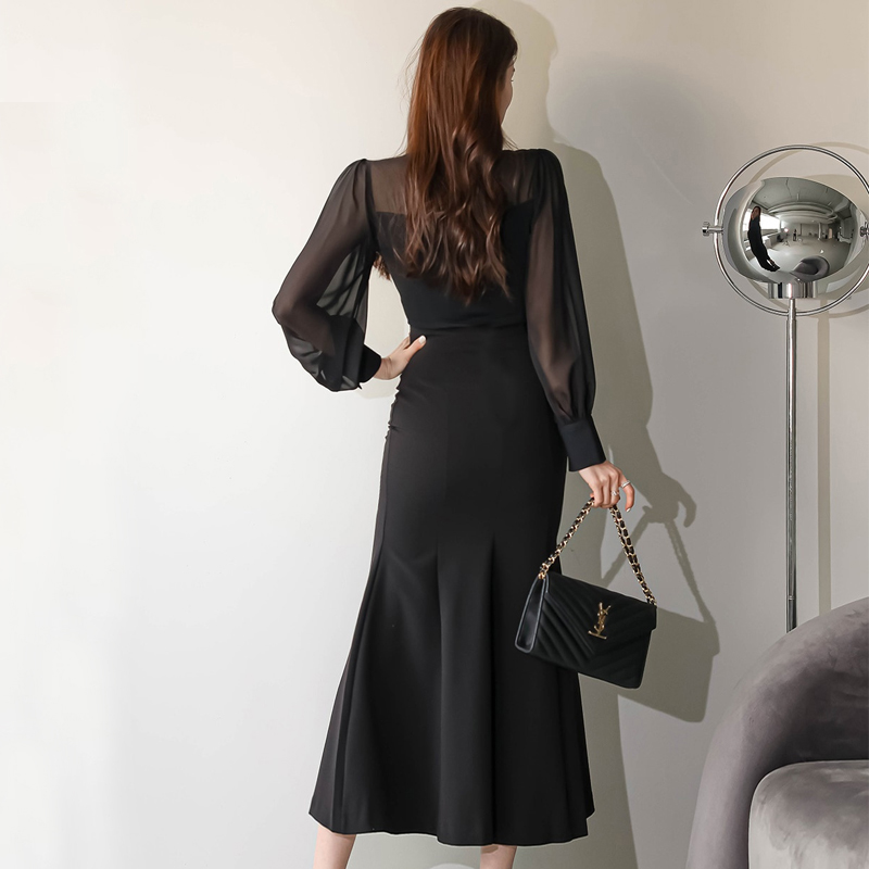 Temperament elegant spring sexy fashion splice slim long dress