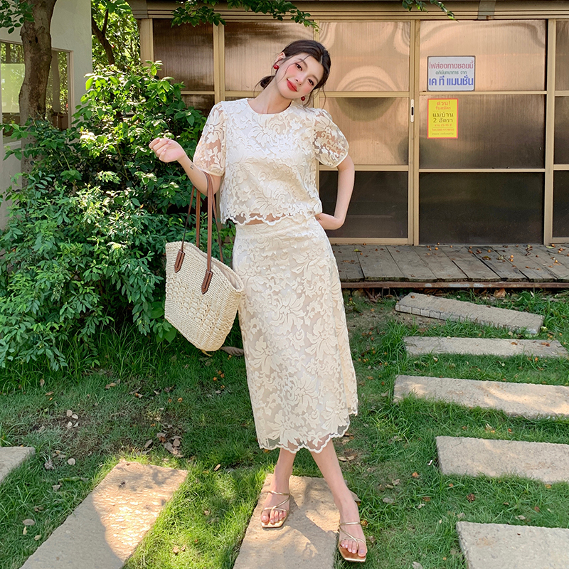 Lace light luxury skirt embroidery tops 2pcs set