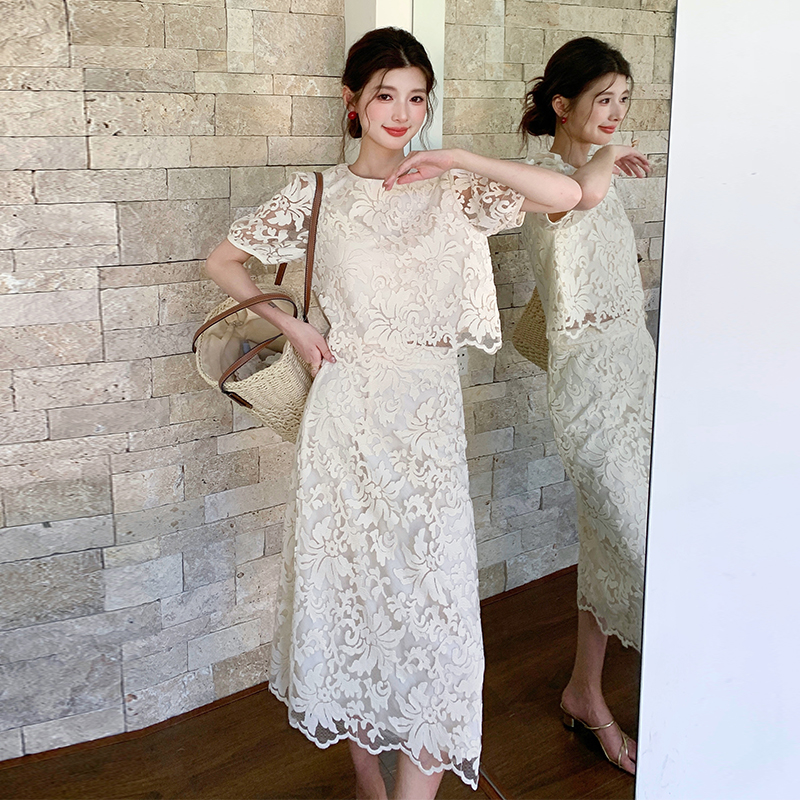 Lace light luxury skirt embroidery tops 2pcs set