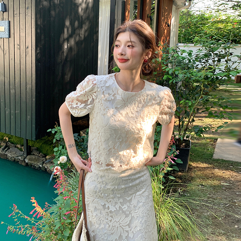 Lace light luxury skirt embroidery tops 2pcs set