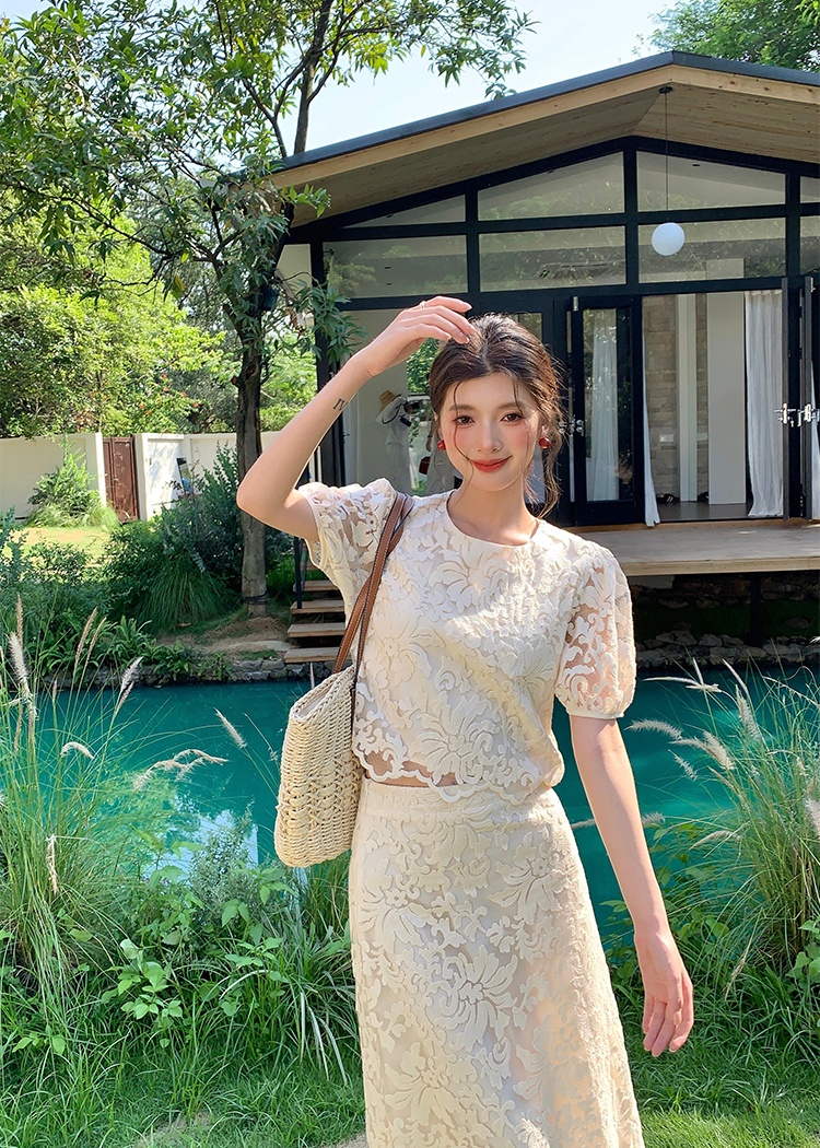 Lace light luxury skirt embroidery tops 2pcs set
