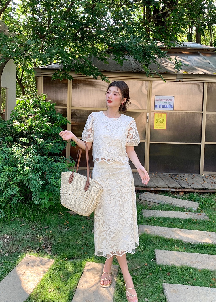 Lace light luxury skirt embroidery tops 2pcs set
