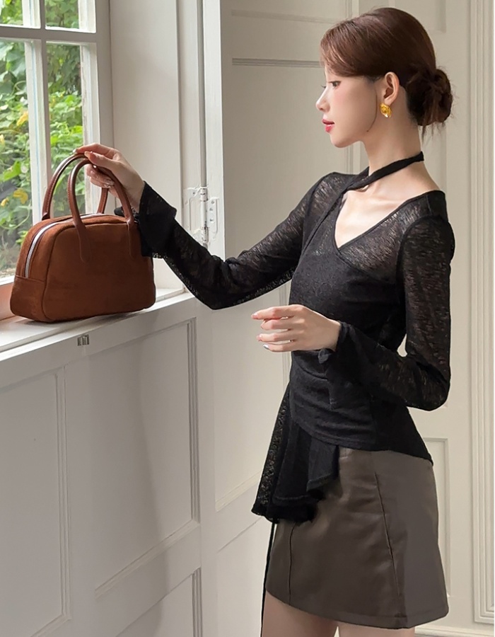 France style irregular T-shirt long sleeve pure small shirt