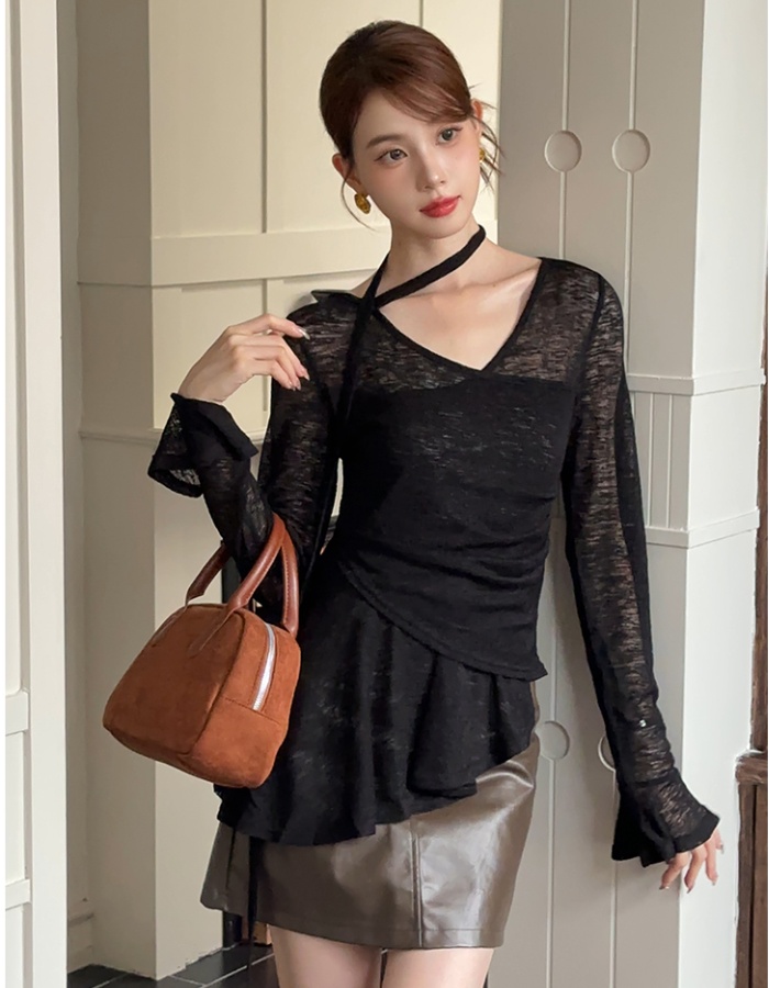 France style irregular T-shirt long sleeve pure small shirt